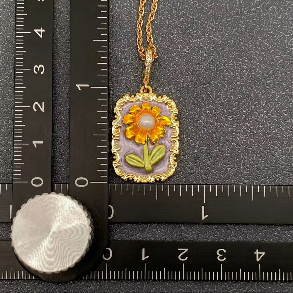 Gold Sunflower inlaid Pearl Art Pendant Necklace in Purple and Green. New. - Picture 8 of 15
